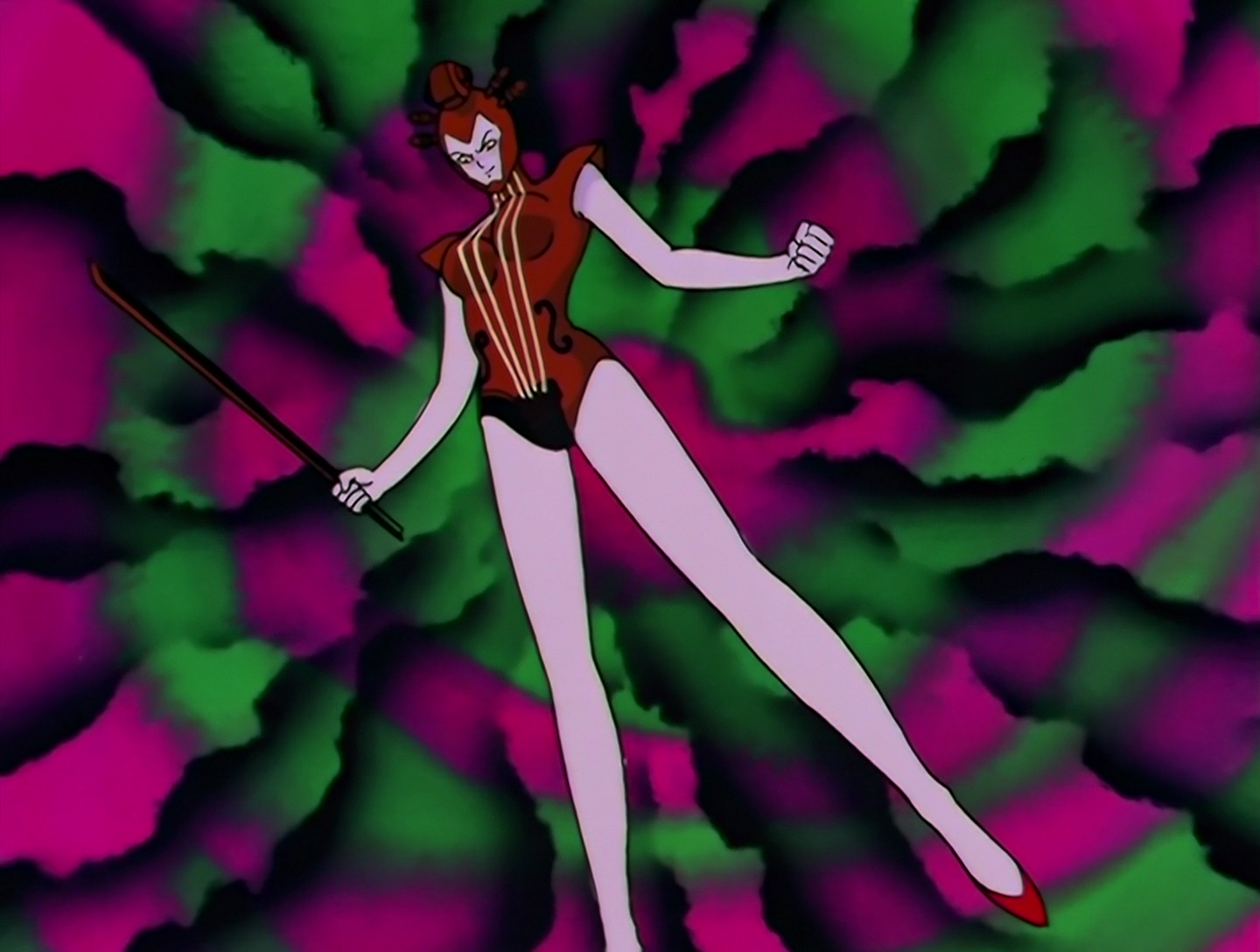Octave, a Daimon from Sailor Moon episode 93. Her face, arms and legs are pale lilac, but the rest of her is styled to look like a violin, with strings running down her front from her neck to her crotch. She’s carrying a violin bow.